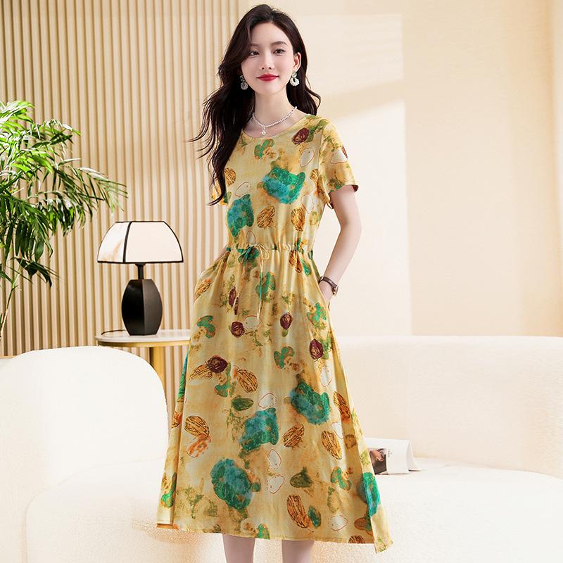 Summer Half Sleeve Print Long Plus Size Dress for Women Casual O-Neck High Waist Slim Ladies Maxi Dresses