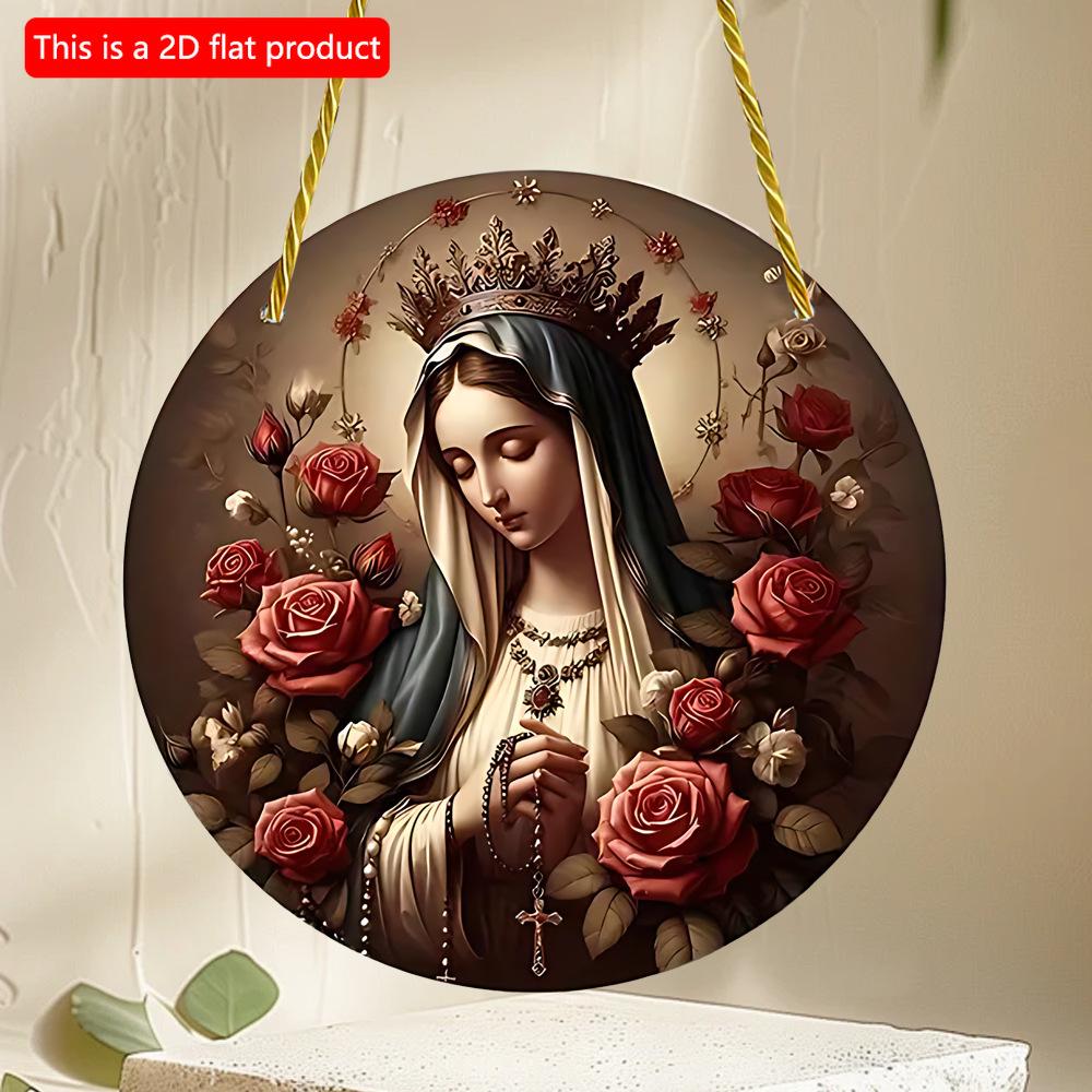 2D Flat 20cm1pc Virgin Mary Round Wooden Wall Hanging Decor, Rose Wreath Design Multifunctional Waterproof Home Decor Su