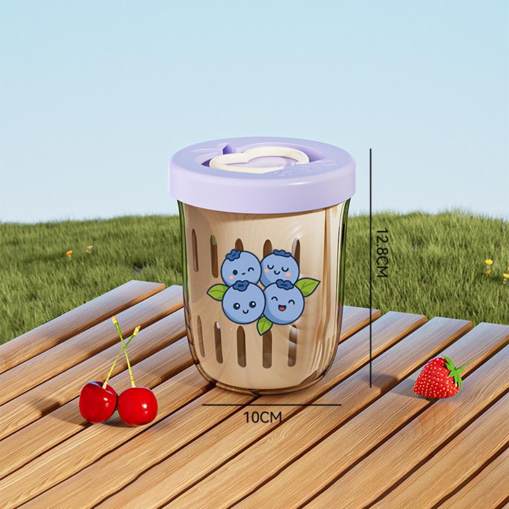 

New Double-Layer Drain Fruit Cup with Fork Large Capacity Salad Cup Cylindrical Cartoon Stickers Breakfast Cups Fruit Storage бежевый