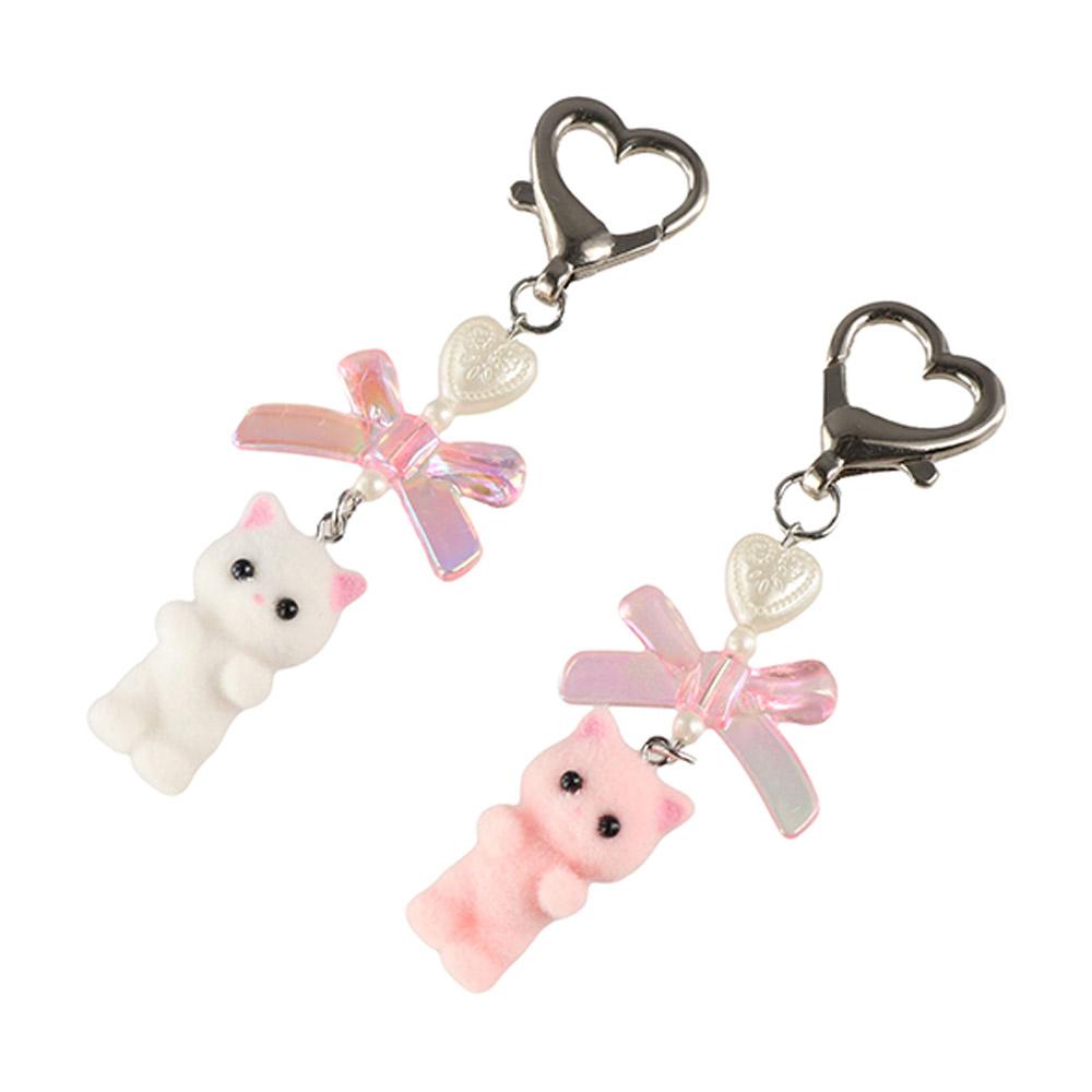 Cartoon Cat Pendant Keychain Flocking Animals Pendant Key Chain Heart Bow Shaped Key Ring  Girls