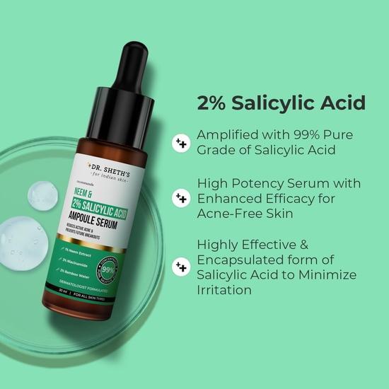 Dr. Sheth's Neem & Salicylic Acid Serum For Active Acne,Blackheads & Open Pores|2% Salicylic Acid & 1% Niacinamide| Acne-Prone Skin|30Ml