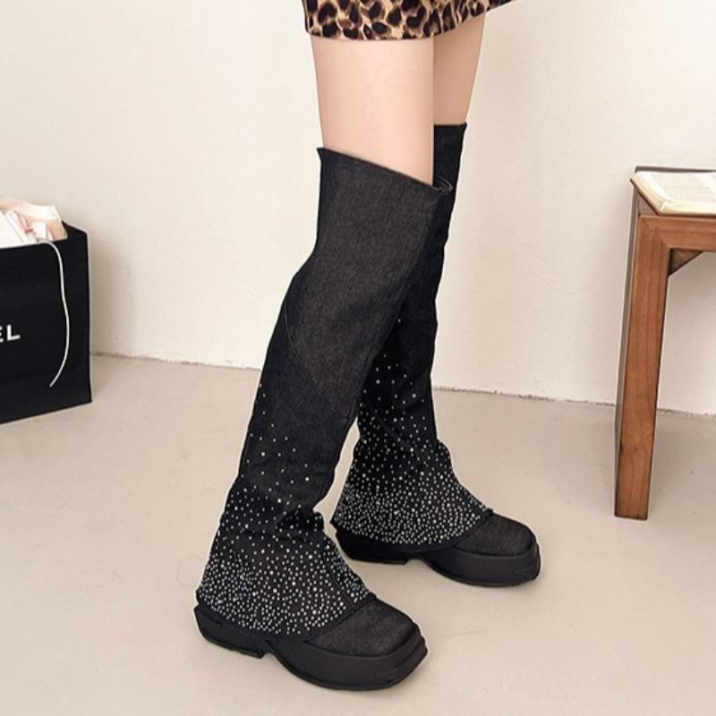 Fashion 2025 Women Fashion Boots Square Heels Shoes Woman High Heel Platform Leather Boots Lace Up Women Sequin Decoration Shoes Boots