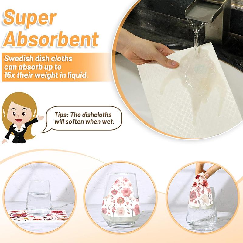 6PCS Red Flowers Print Swedish Dishcloths Eco-Friendly Kitchen Dish Rags Absorbent Dish Towels Reusable Washable Cleaning Cloth