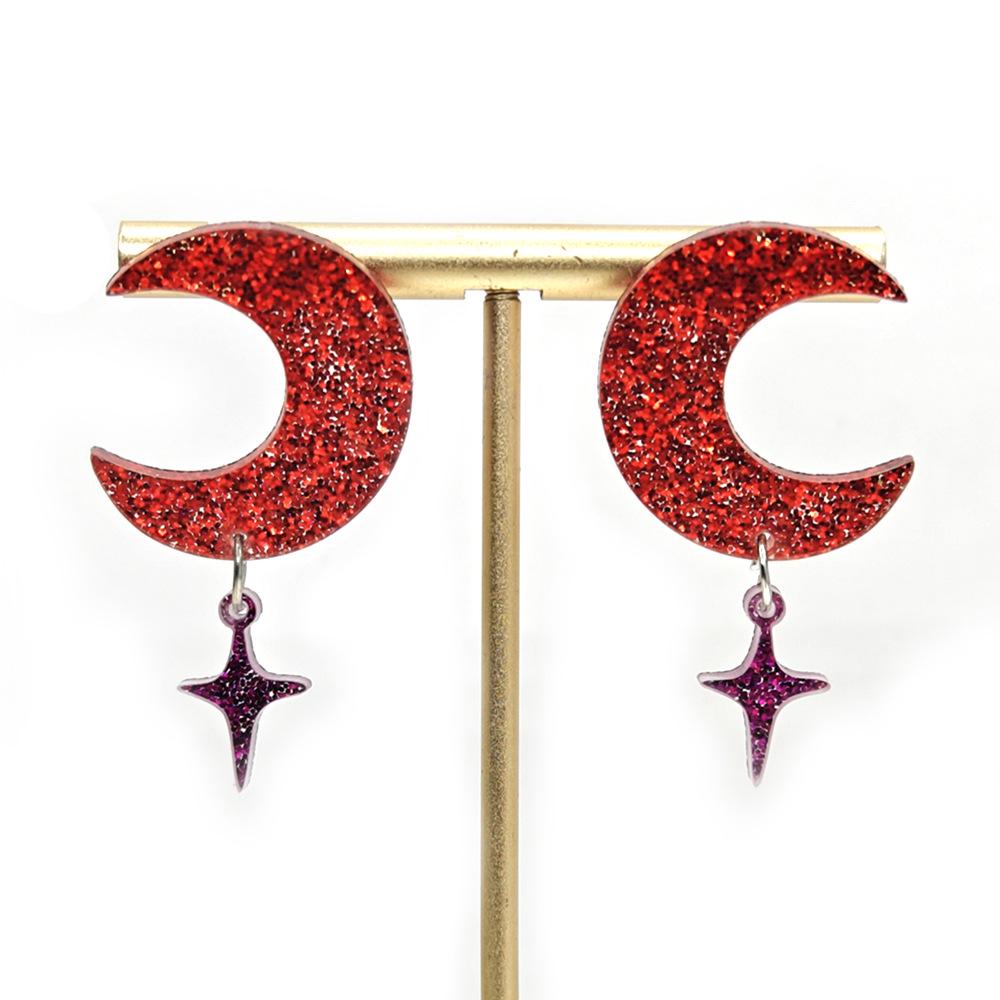 European & American Glittering Moon & Star Ear Hooks - Acrylic Seven-Color Dangle & Stud Earrings