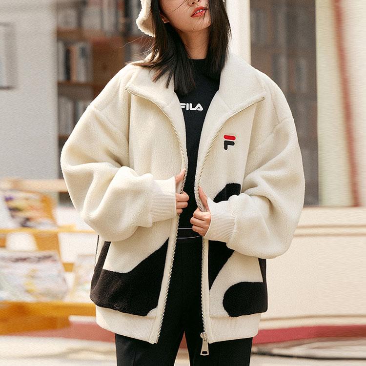 FILA Fw22 Large Logo Casual Faux Shearling Jacket Unisex Jacket Off-White F51U248926FIV