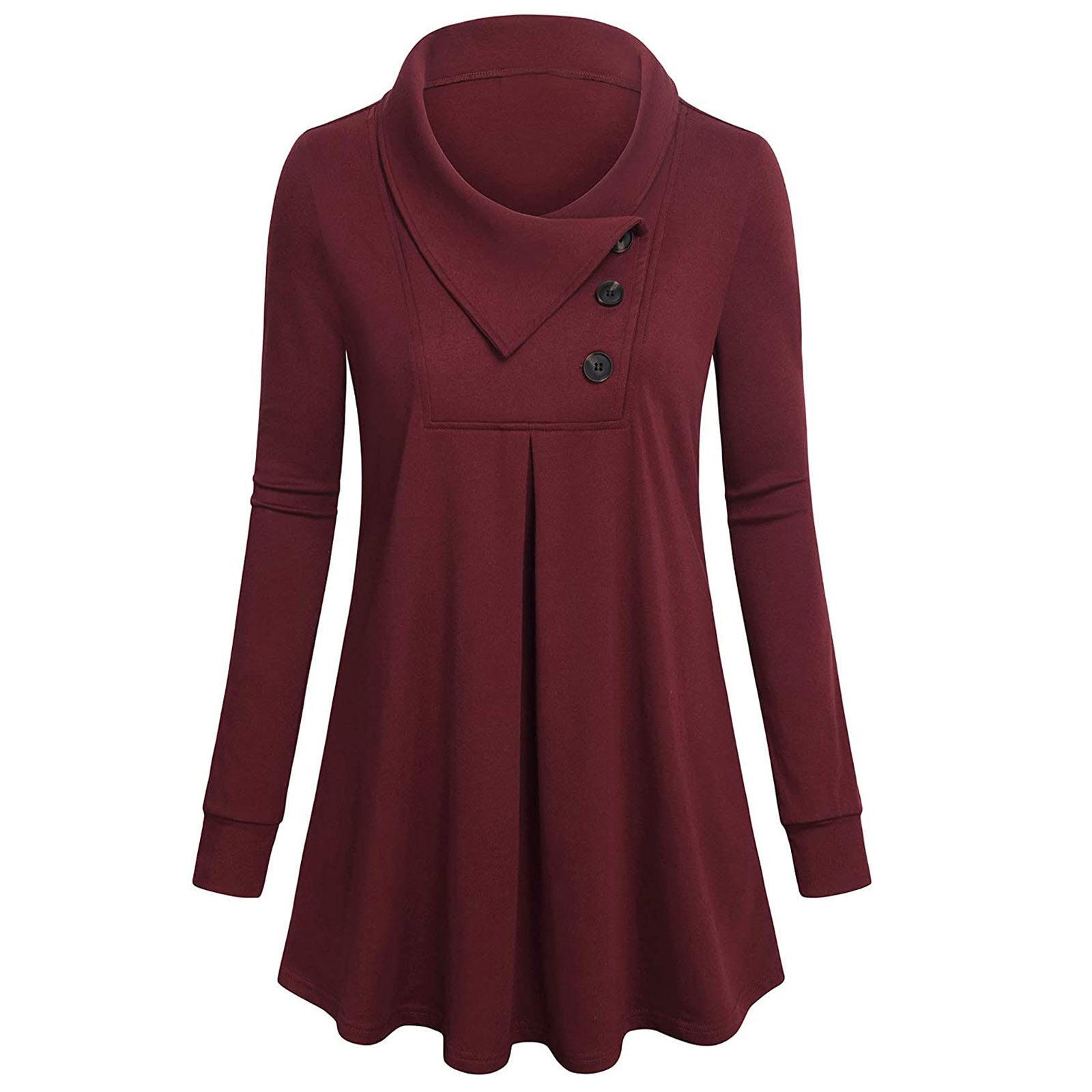 

Женская однотонная футболка с длинным рукавом на пуговицах, свободный пуловер M винный