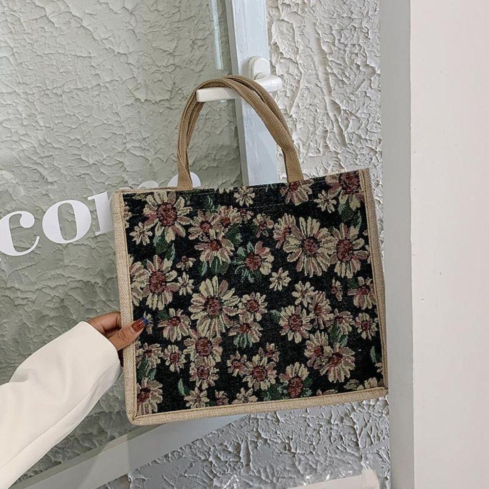 Large Capacity Floral Pattern Shoulder Bag Strawberry Geometric Cloth Bag  Women Black Flower