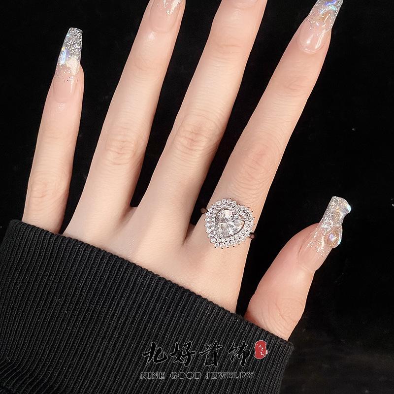 Caibao Light Luxury Main Stone Zircon High-End Sense Of Love Full Of Diamonds Simple Opening Ring Cold Wind