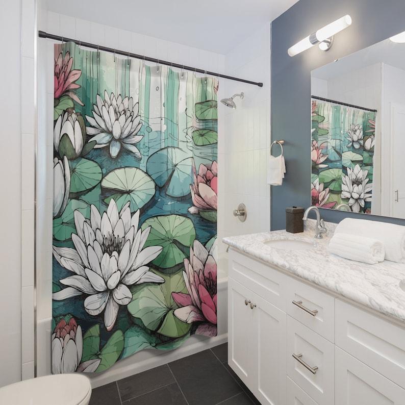 

Lotus Flower And Lily Pad Cloth Shower Curtain. Shades Of Tranquil Whites, Soft Pinks, Blues, And Greens Have A Calm Elegance. W60H190(CM)-1 Pcs