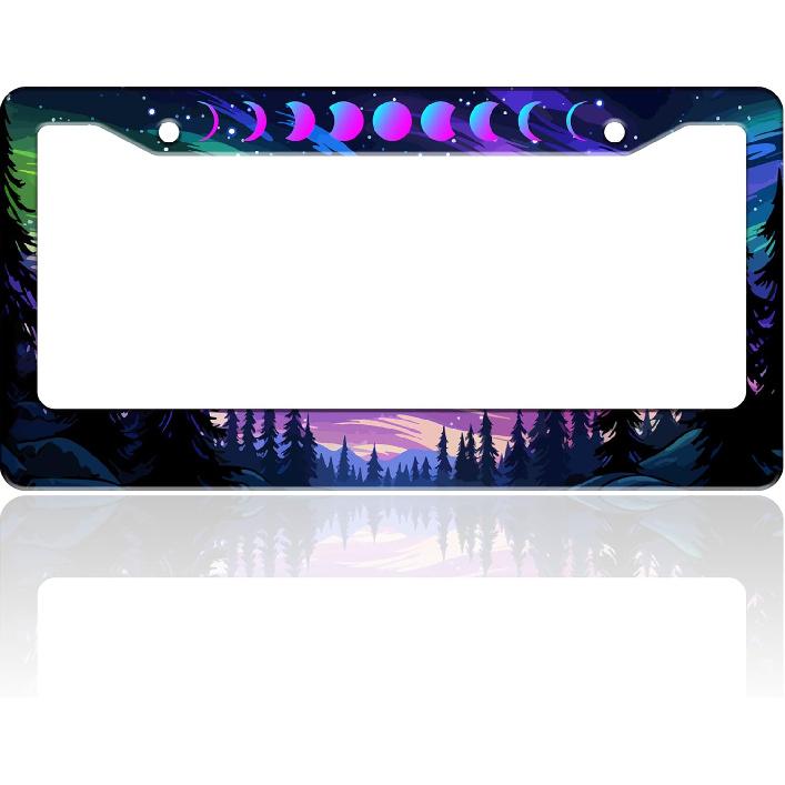 Moon Phases Aurora Forest License Plate Frame Night Sky Stainless Steel License Plate Holder For Front Or Rear Car Tags Funny For Car Decoration