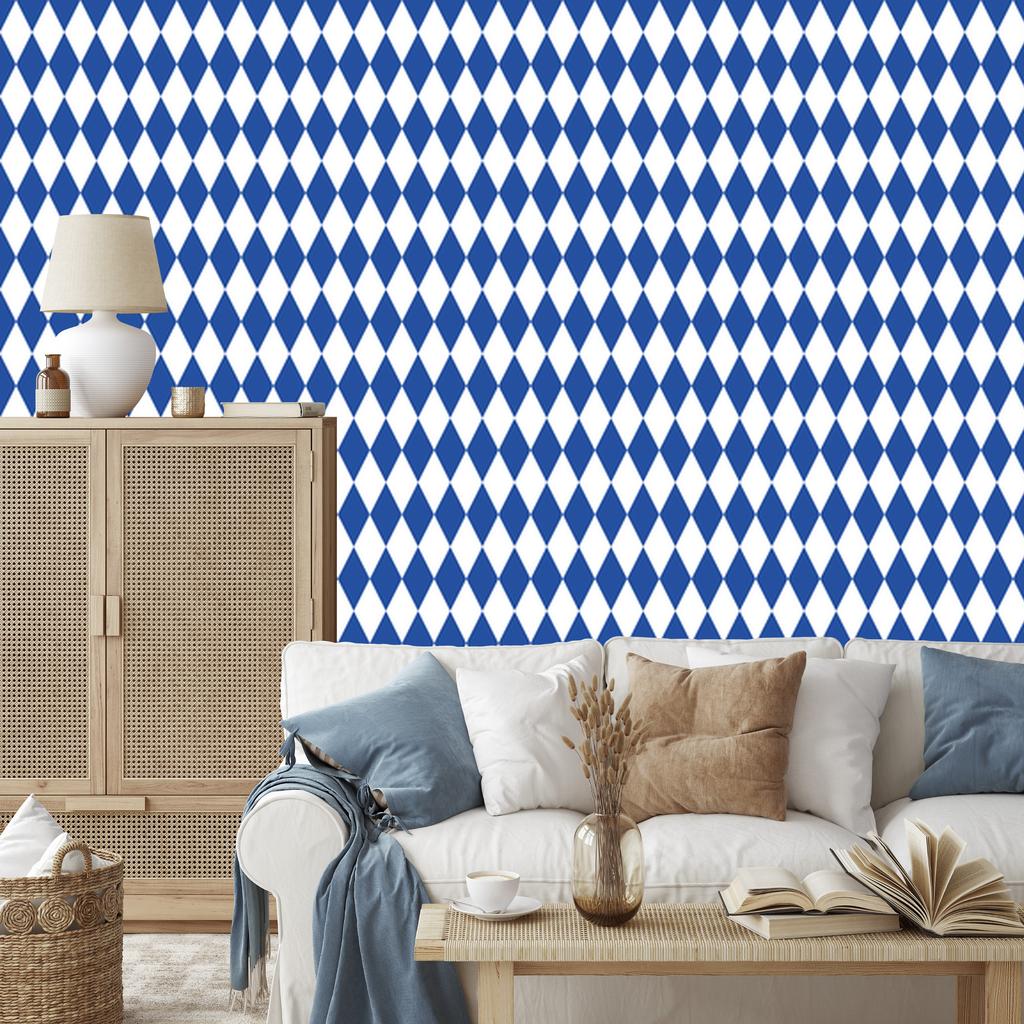 Harlequin Diamonds Wallpaper Blue and White, Azure Background 50x1000
