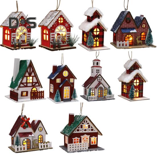 Weihnachtshütten-Ornament, leuchtender Holzhaus-Anhänger, LED-Blockhütte, Weihnachtsdekoration für Weihnachtsfeier, Zuhause, Desktop-Baumdekor