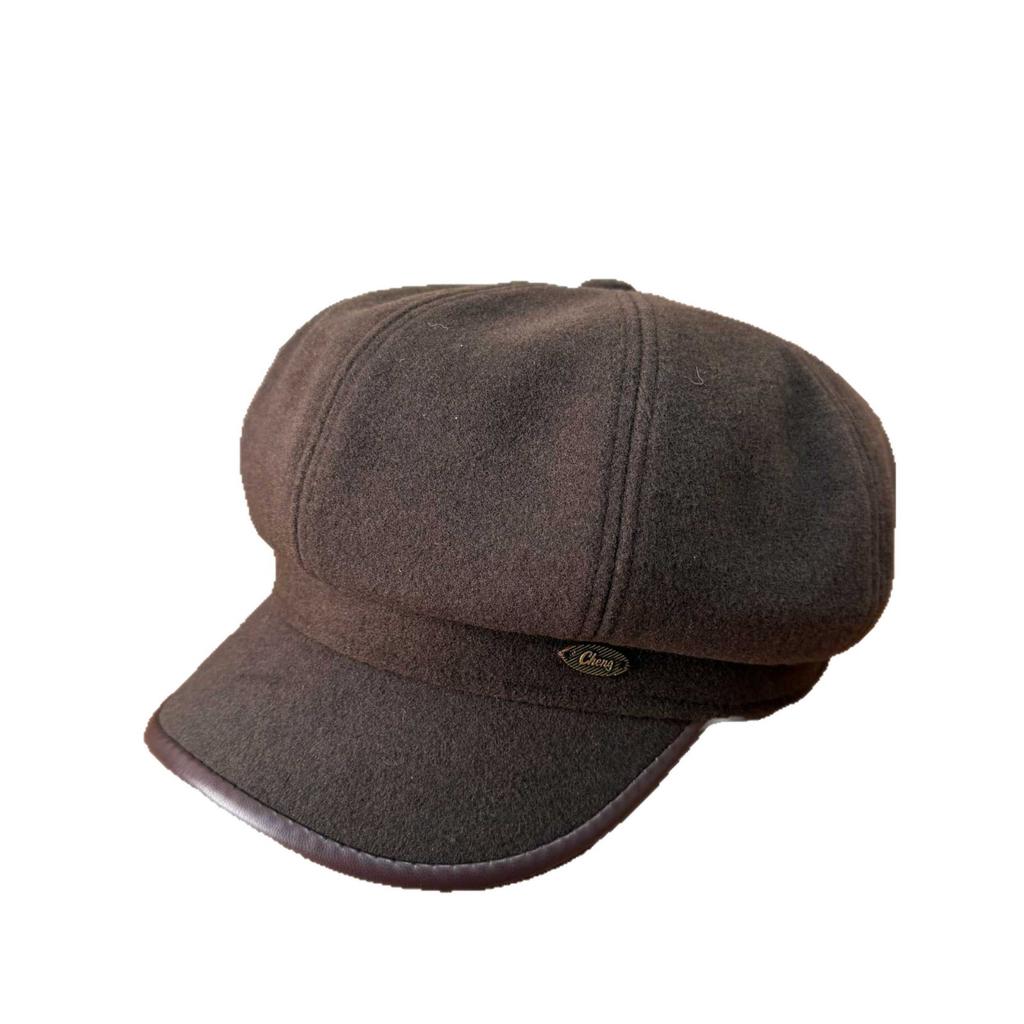 Autumn and winter versatile British style beret women's thickened woolen octagonal hat leather brim metal embellishment label newsboy hat