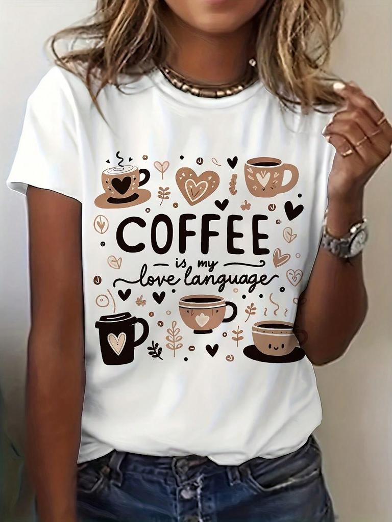Adorable Coffee-Themed Graphic Tee, Short-Sleeved Crew Neck Casual Shirt Perfect For Spring And Summer, Women S Apparel