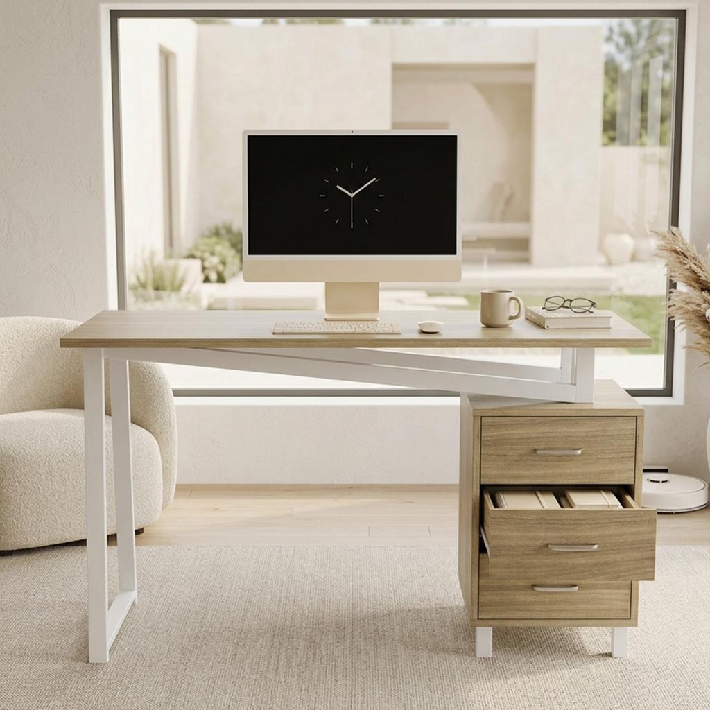 130*55*75cm, Prostorný psací stůl s úložným prostorem, Materiál MDF s vysokou hustotou, Výsuvy zásuvek, Trojúhelníkové podpěry, Snadná montáž a čištění, Přírodní dřevo + Bílá