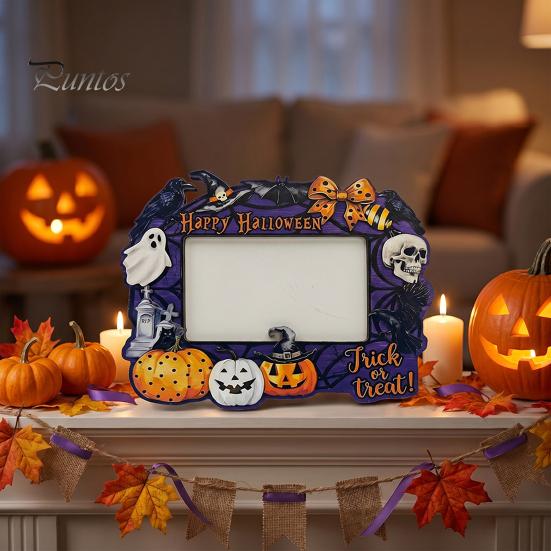 Waterproof Photo Frame Halloween Wooden Frame, Pumpkin Ghost Cat Cutout Picture Holiday Portrait Holder, Double-sided Tabletop Decor for Home