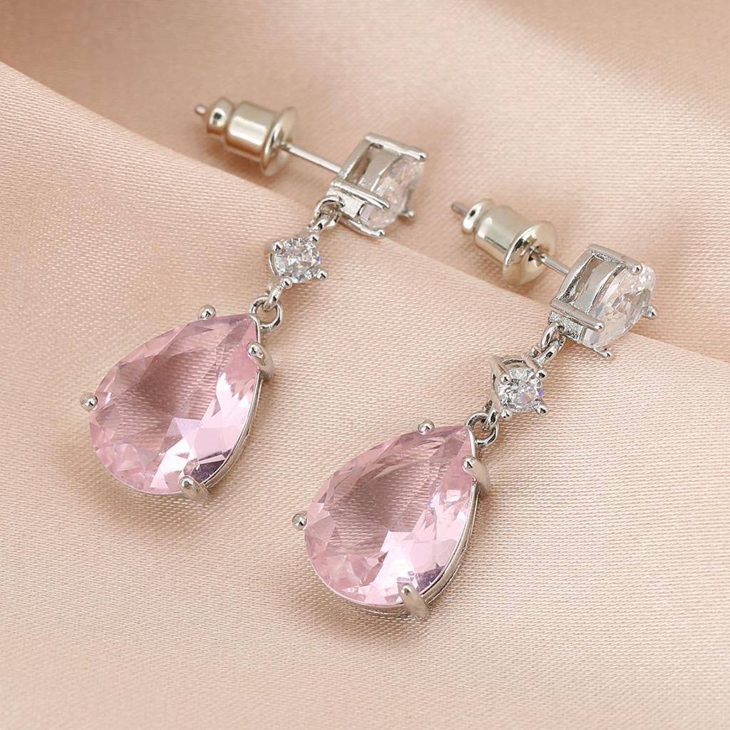 Elegant Pink Diamond Pear-Shaped Water Drop Earrings for Women: High-End Dangle Studs for a Sophisticated Look