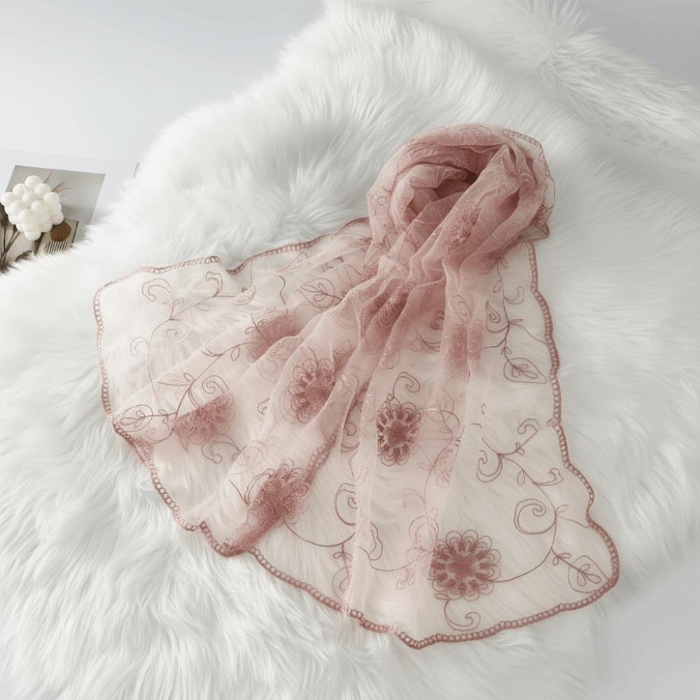 Embroidered Floral Headwrap Lightweight Summer Hijab Lace Scarf Mesh Stole Travel Photoshoot розовый