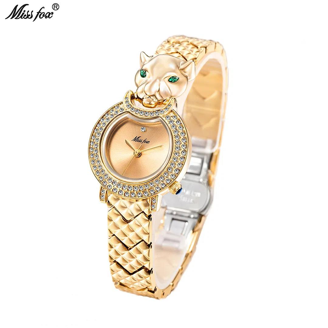 

Часы MISSFOX для женщин, роскошные, с бриллиантами, водонепроницаемые, женские, кварцевые, уникальные, с леопардовым принтом, из нержавеющей стали, женские наручные часы золотой