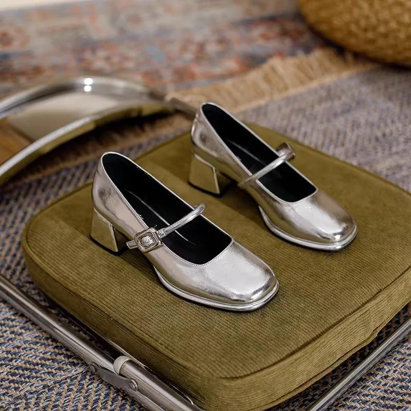 Fashion Mary Jane Shoes 2024 New Woman Spring Summer Block Heels for Women Square Toe Elegant Medium Heel Korean Gold Silver Formal Shoe