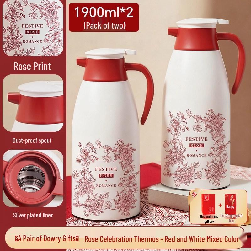 Large Capacity Red Thermal Flask Set with Glass Liner - Ideal for Weddings
