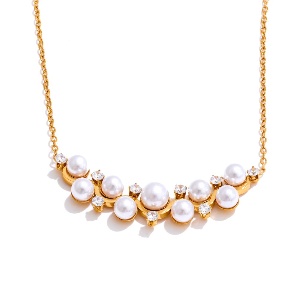 Yhpup Elegance Simulated Pearls Cubic Zirconia Necklace Pendant Chain Stainless Steel Fashion Romantic Neck Jewelry Recommend