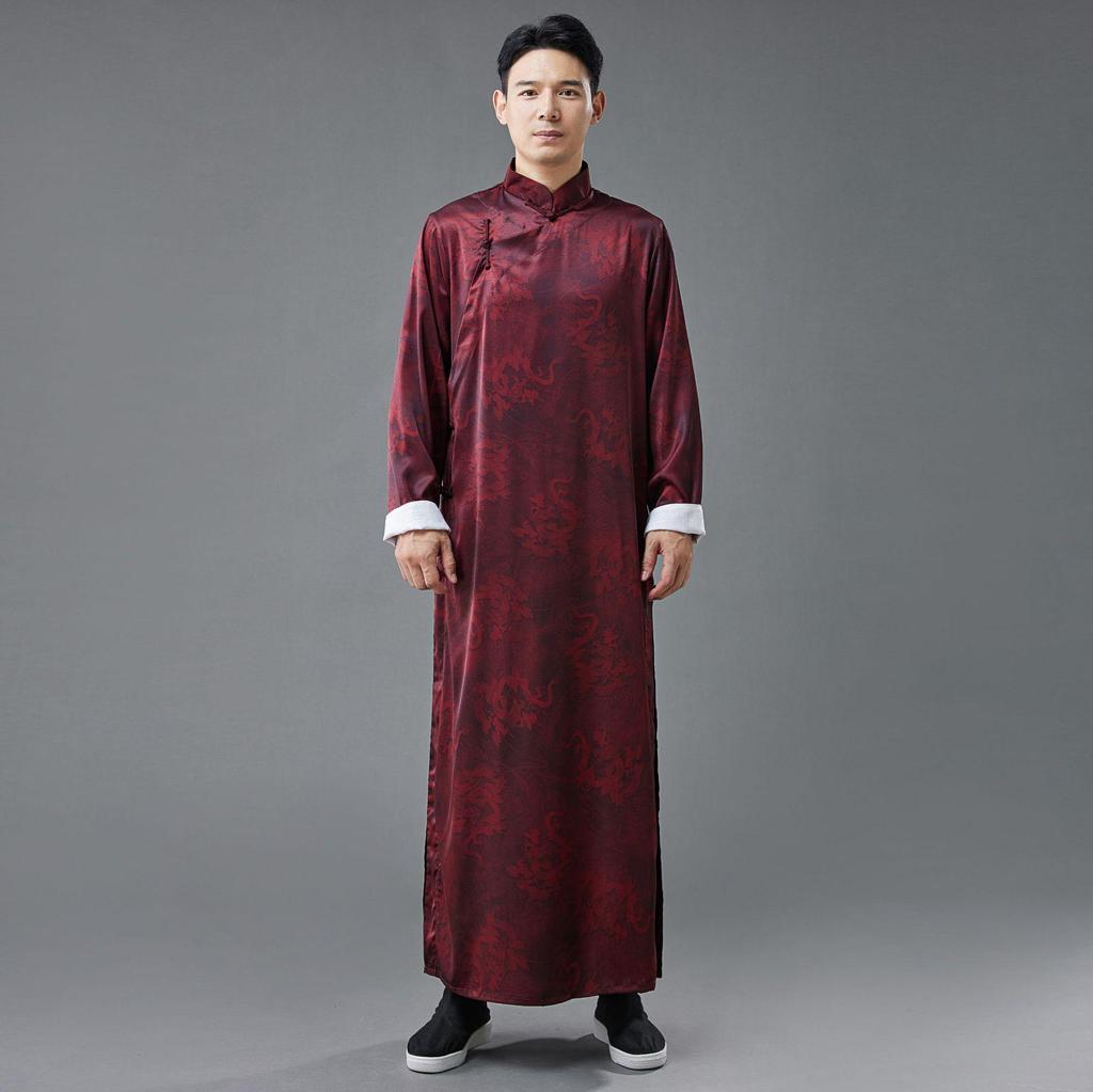 Chinese Silk Satin Dragon Print Long Shirt with Pan Kou Buttons - Purple Performance Robe