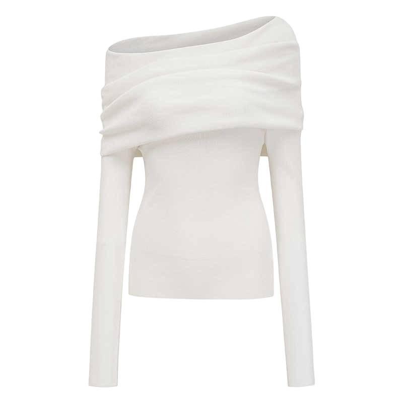 European One-Shoulder Pleated Knit Slim-Fit Sweater for Women