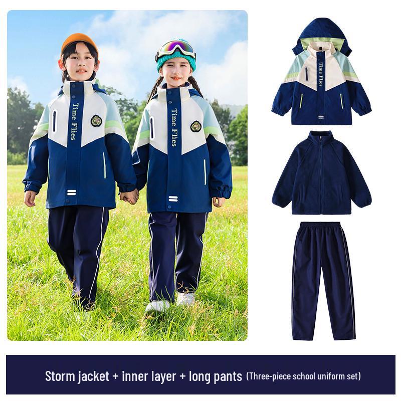 Children's Fleece-lined Windproof Outdoor Uniform Set for Kindergarten & Elementary (Autumn/Winter)