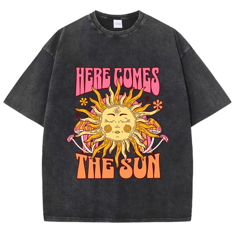 Dámské oversized prané bavlněné tričko s potiskem Here Comes The Sun Ležérní topy s kulatým výstřihem a krátkým rukávem Volné dámské oblečení