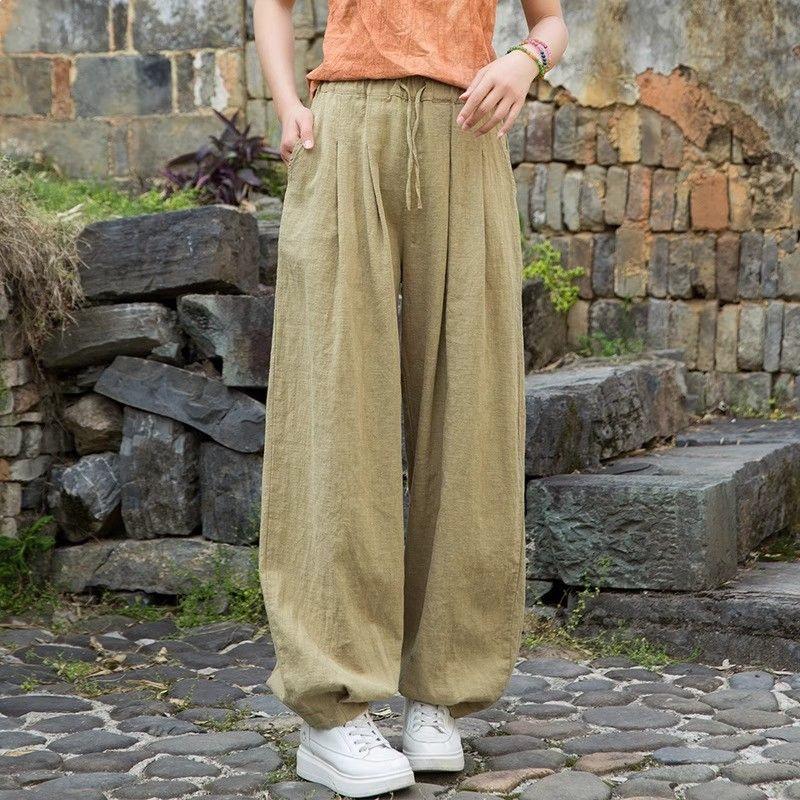 

Women s Summer Cotton & Linen Loose Drawstring Lantern Pants - Distressed, Casual, Versatile, Relaxed Fit. M (Waist up to 100 cm) трава зеленый