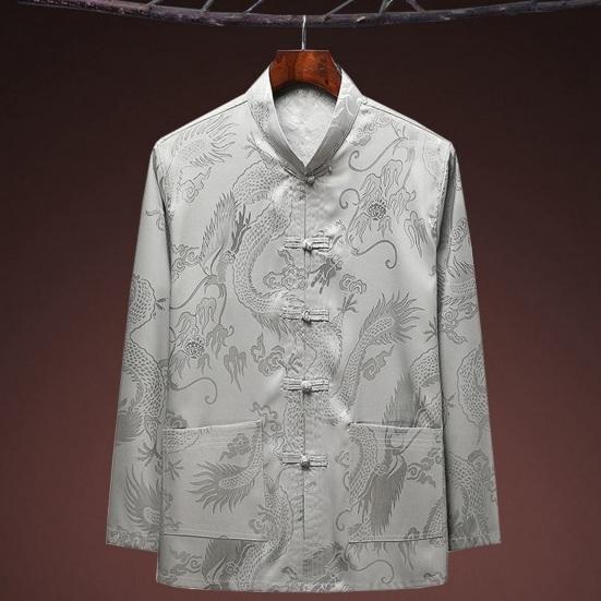 Men Top Chinese Style Stand Collar Single-breasted Solid Color Dragon Pattern Loose Pockets Long Sleeve Mid-aged Elderly Men Shirt