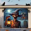2D Flat Banner, 1 Piece Halloween Happy Garage Door Banner, a Skull Wearing a Hat Holding a Lantern, Grinning with Teeth