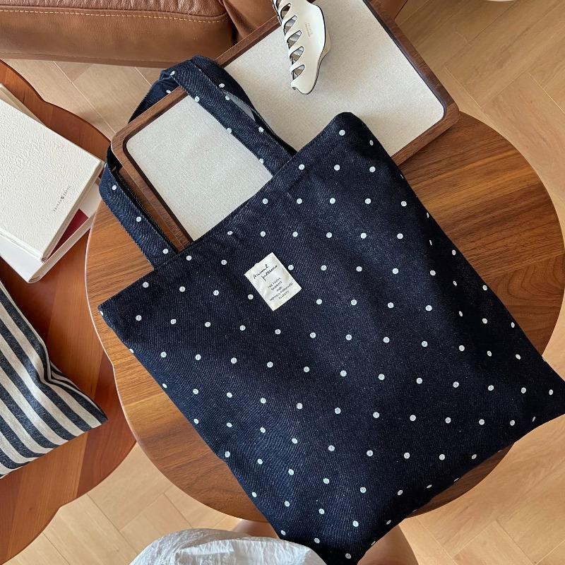 

[Suxi cloth bag] Denim shoulder canvas bag texture literary retro polka dot striped versatile book bag large capacity