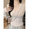 2025 Autumn/Winter Pure Desire Brushed Lace Patchwork Long Sleeve Slim Fit T-shirt with Chest Pad