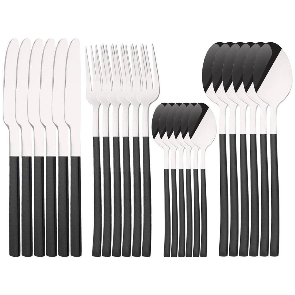24Pcs Silver Cutlery Set Stainless Steel Dinnerware Set Knife Fork Spoon Dinner Set Kitchen Tableware Service for 6 Flatware Set