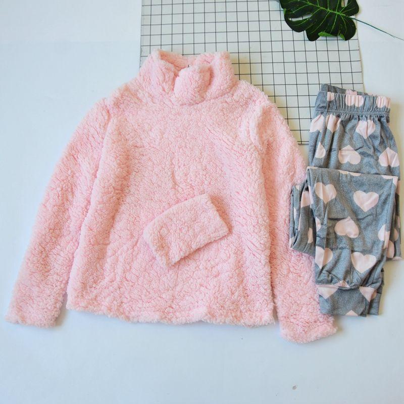 

Export Women s Fall and Winter Turtleneck Pullover Cashmere Long Sleeves Pajamas Heart-Shaped Closed Thin Velvet Pajama Pants Home Wear Suit Pink S