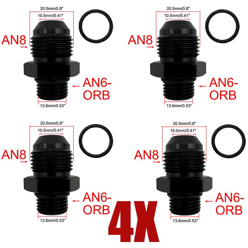 4X Fuel Line Hose Fitting Male Adapter ORB-6 ORB-8 ORB-10 ORB-12 O-Ring Boss To 6AN 8AN 10AN 12AN Aluminum Flare Fitting Black