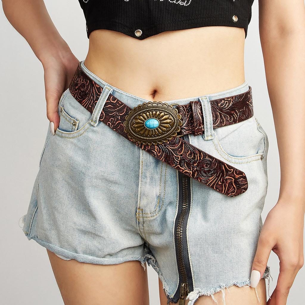 Fashion Simulation Gemstone And Metal Buckle Decor Flower Pattern Women Belt