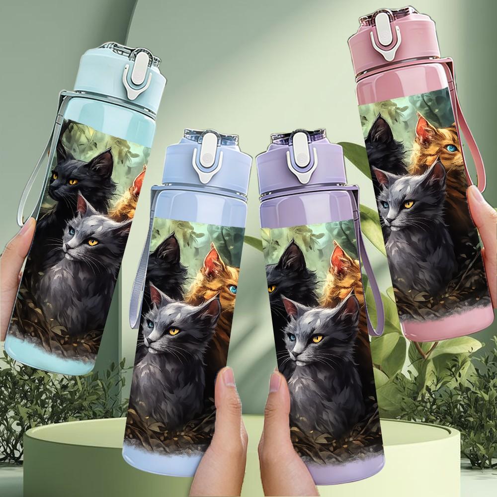 1PC Two Cats Dark Forest Pillow Print 750ml Color Plastic Sports Water Bottle Leakproof Flip Straw Lid Suitable for Sports Office Home Use