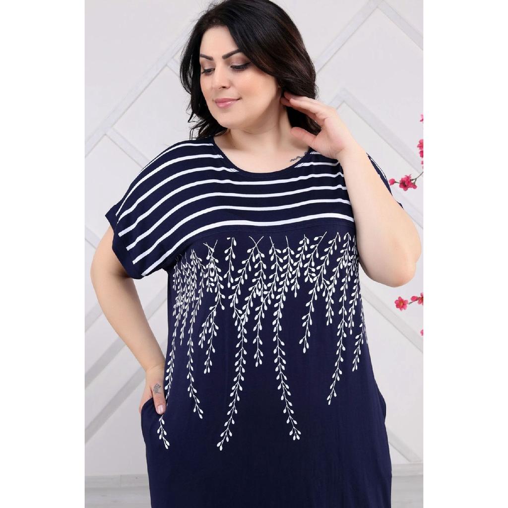 Round Collar Olive Branches With Striped Block Short Sleeve Comfortable Dress