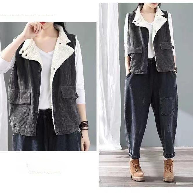 Vintage Corduroy Vest Women's Flocked Lapel Vest Plush Thick Vest Sleeveless Jacket Women's Fleece Vest