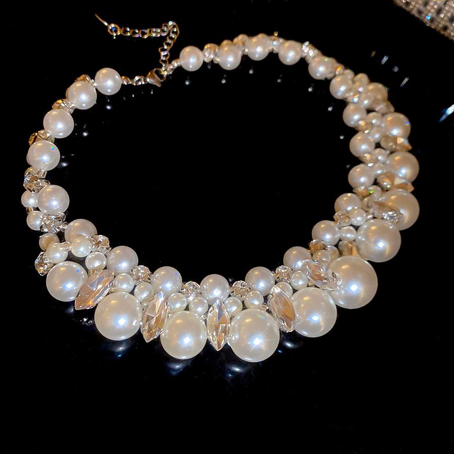 Super flash diamond-set pearl round beaded necklace European and American French elegant temperament collarbone chain light luxury neck chain