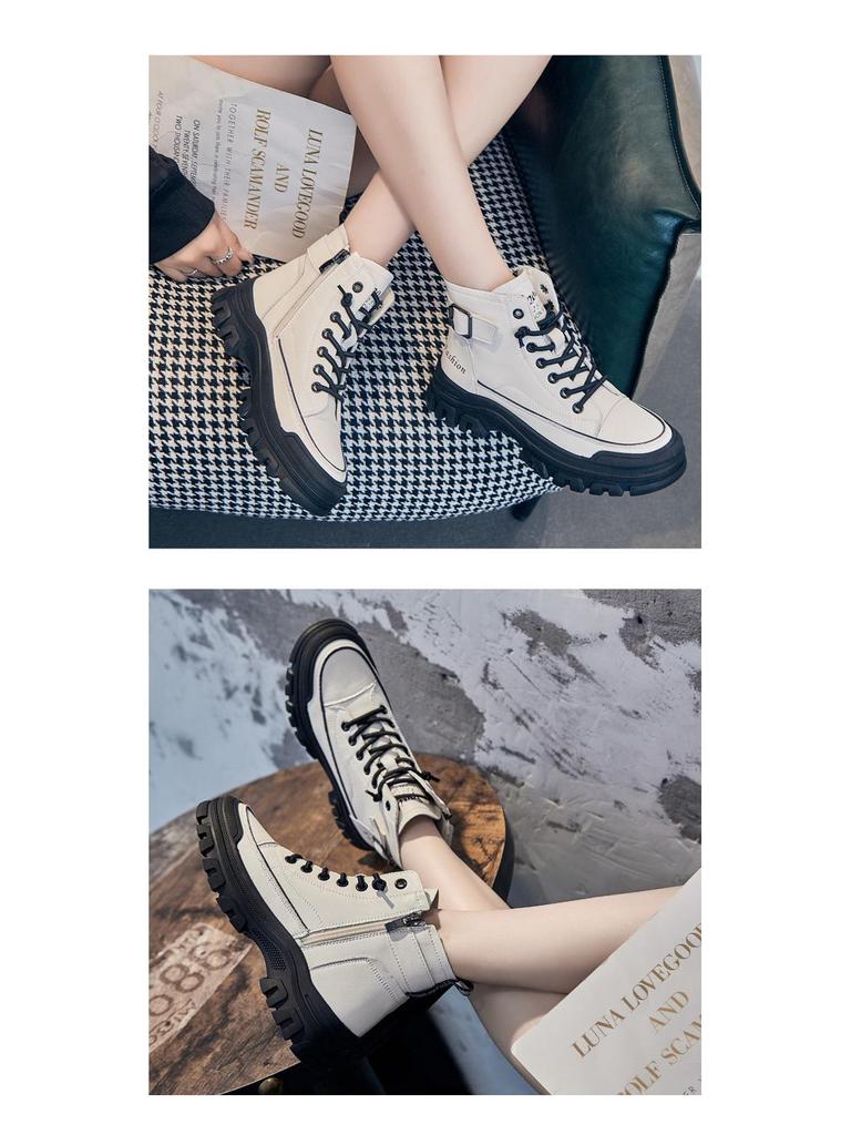 Women's White High-Top Casual Sneakers - 2024 Korean Style, Thick-Soled Martin Short Boots for Autumn/Winter