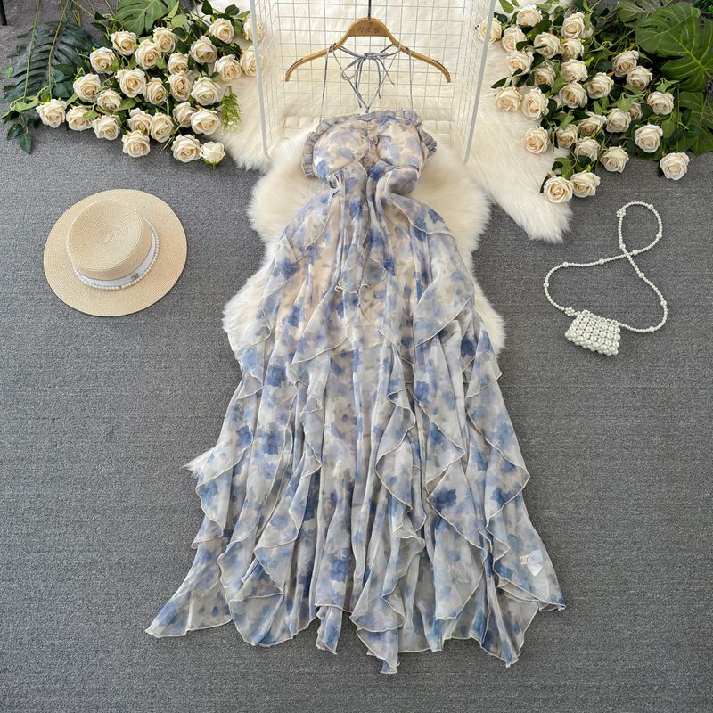 

Fashion Backless Blooming Print Chiffon Dress Tube Top Purple floral M