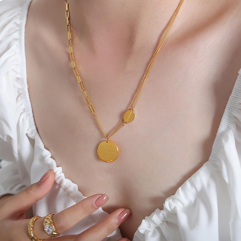 Geometric Double-Layer Chain Ot Buckle Round Card Oval Card Pendant Temperament Necklace Neck Chain Girls Titanium Steel, One Piece