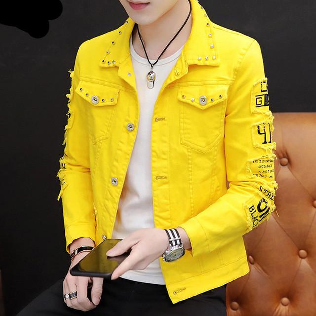Fashion Men Denim Jacket Spring Autumn Personalized White Red Design Jean Coats Male Slim Fit Solid Color Handsome Versatile Black Yellow