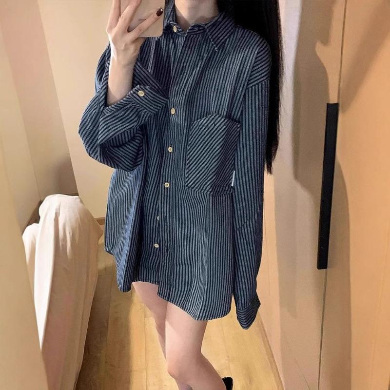 Retro Blue Striped Shirt Women's Spring and Autumn New Loose Casual Shirt Jacket
