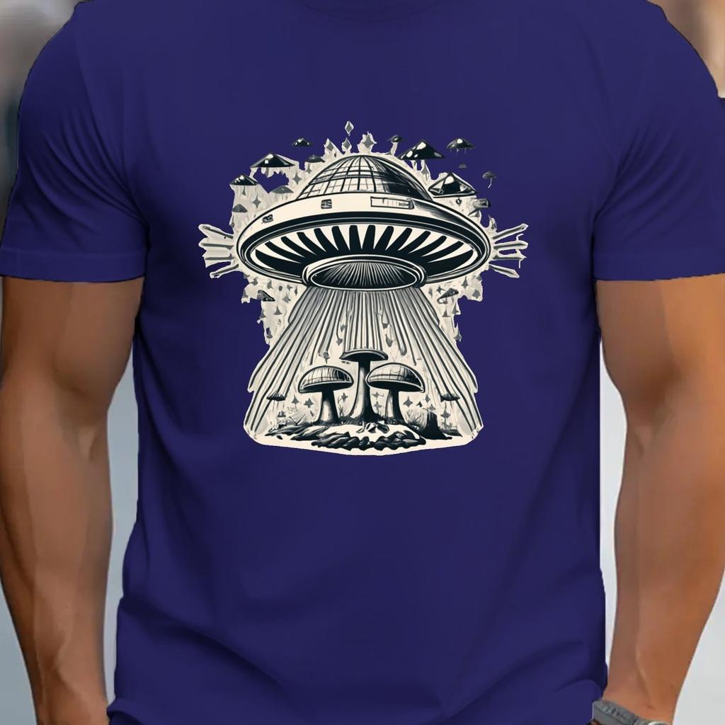 UFO Mushroom Graphic Tee Mens Casual Cotton TShirt Short Sleeve Round Neck Print Tee