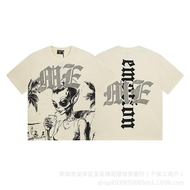 Unisex Vintage American Style Loose Fit Cotton Tee With Embellished Letter Print Round Neck Short Sleeve